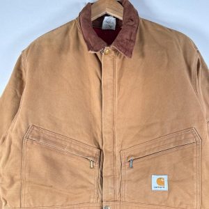 Carhartt 古着 カーハート 長袖つなぎ ダック地 ワーク 作業着 オールインワン 裾ファスナー 大きいサイズ 中綿 ワンポイント  ベージュ