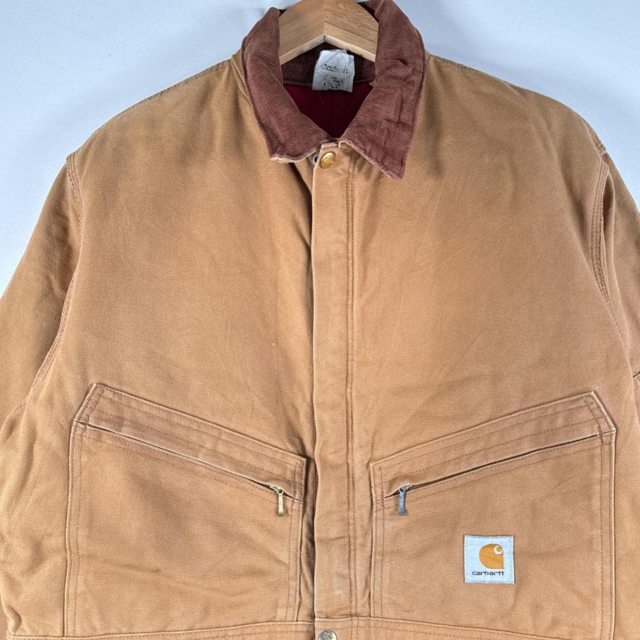 Carhartt 古着 カーハート 長袖つなぎ ダック地 ワーク 作業着 オールインワン 裾ファスナー 大きいサイズ 中綿 ワンポイント ベージュ