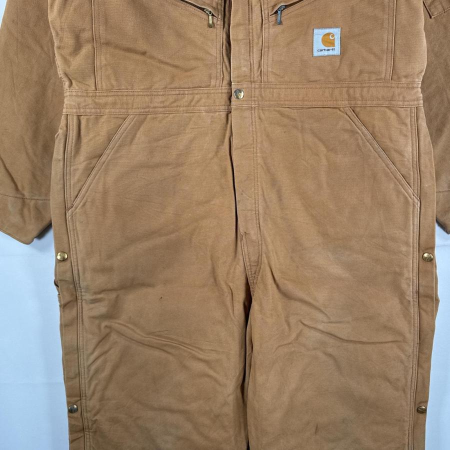 Carhartt 古着 カーハート 長袖つなぎ ダック地 ワーク 作業着 オールインワン 裾ファスナー 大きいサイズ 中綿 ワンポイント ベージュ - 画像 (2)