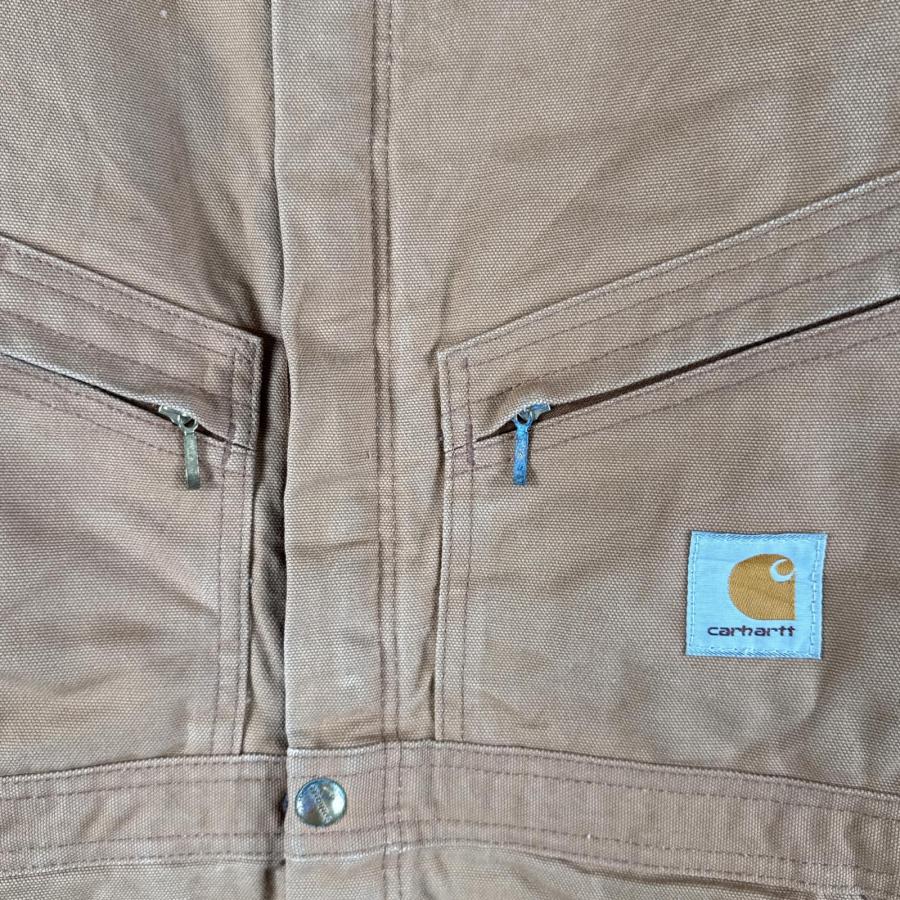 Carhartt 古着 カーハート 長袖つなぎ ダック地 ワーク 作業着 オールインワン 裾ファスナー 大きいサイズ 中綿 ワンポイント ベージュ - 画像 (6)
